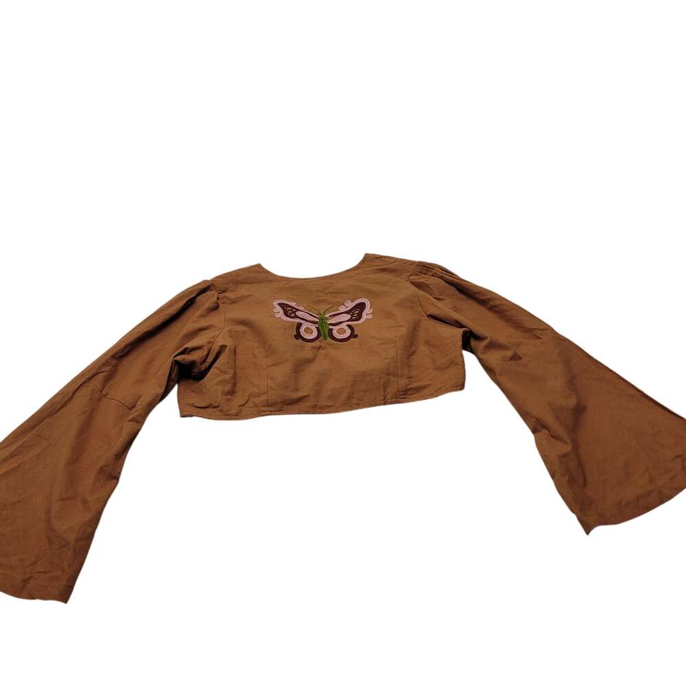 Earthbound bell flare sleeve crop button shirt boho embroidered cottagecore XXL